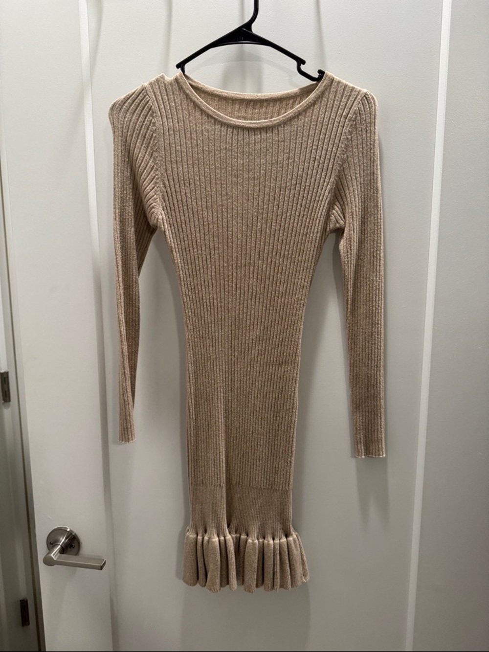 SHEIN Neutral Beige Ribbed Long Sleeve Knit Dress with Ruffle Hem